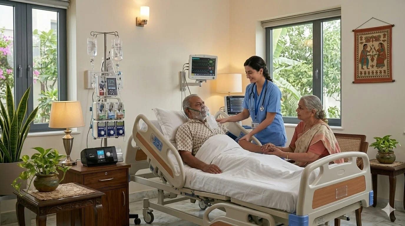 ICU-level care at home: nurse with patient in a hospital bed, family nearby, monitors and infusion equipment